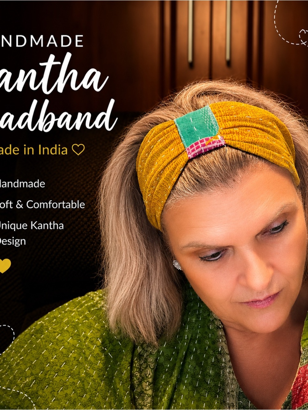 Handmade Kantha Mustard Yellow Headband with Green Accent-Made in India